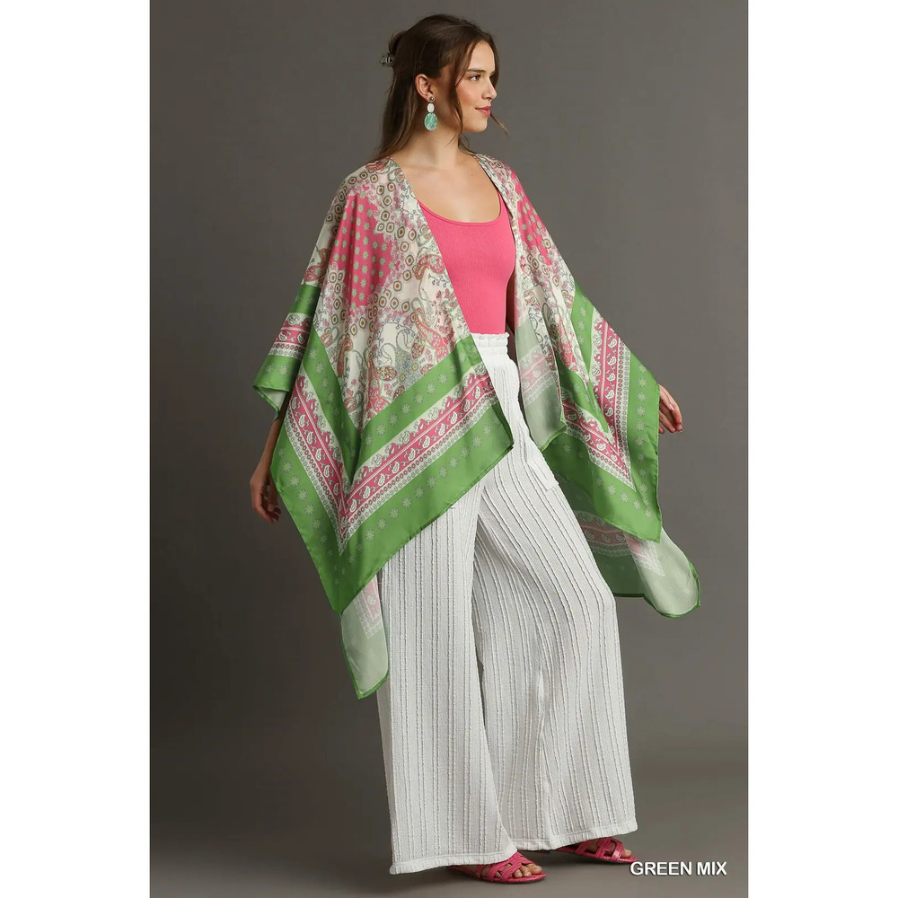 RO941 Umgee Mixed Print Open Front Kimono with 3/4 Wide Sleeves Various Sizes